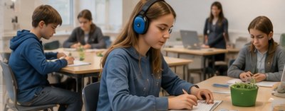 Eine Schülerin mit Kopfhörern schreibt im Klassenraum, um sie herum lernen weitere Schülerinnen und Schüler