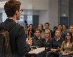 Ein junger Mann spricht an einem Rednerpult vor einem Publikum